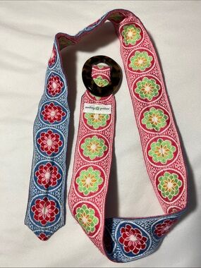 Hadley Poller Zinnia reversible cloth floral boho belt tortoise shell buckle 40”